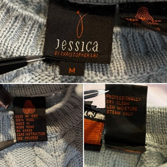 Vintage Jessica by Christopher Lai 100% Wool Cable Knit Sweater Blue Hong Kong M - Picture 5 of 10